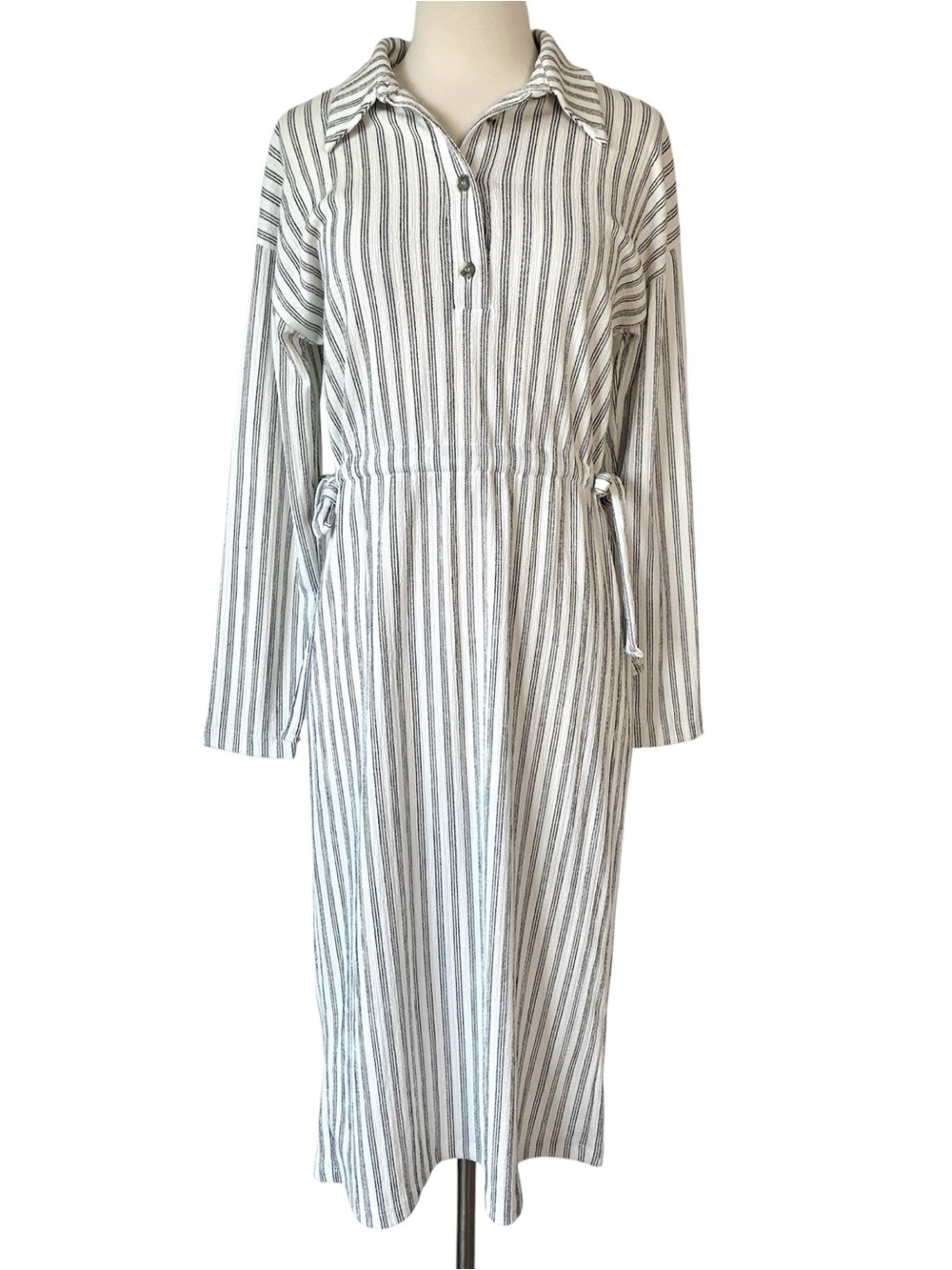 ZARA Striped Midi Shirt Dress Small Long Sleeve Collared Tie Waist